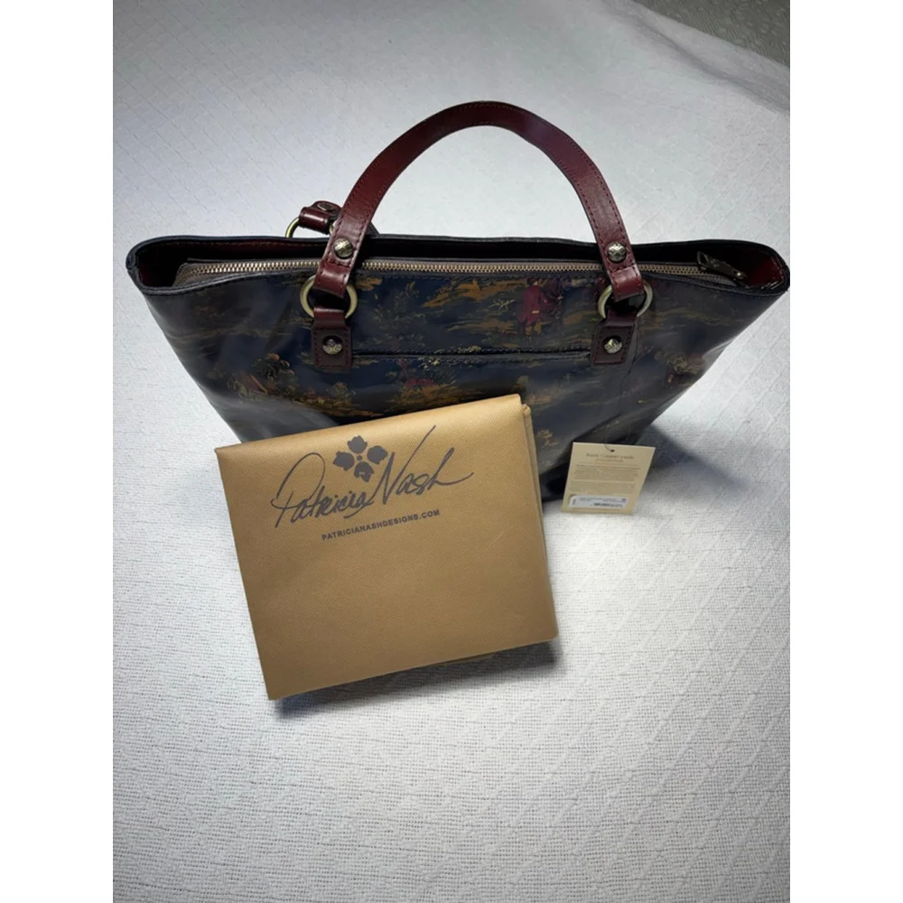 Patricia Nash Navy Tote with Brown Leather Handles and Scenic Gold & Pink Print - Picture 11 of 15